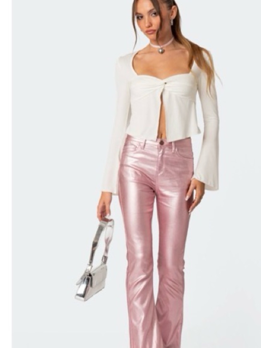 Edikted Metallic Pink Boot Cut Pants